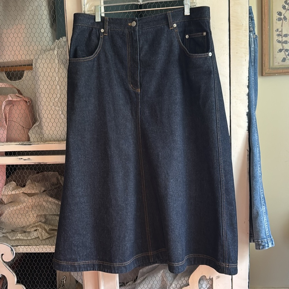 Tibi indigo denim midi A-line skirt, size 31, EUC, $125